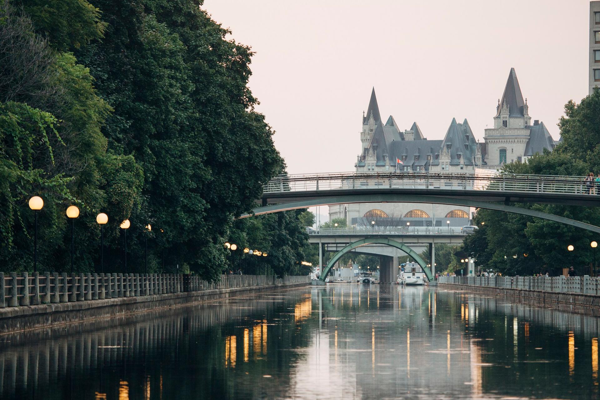 A view of the Fairmont Chateau Laurier from the Rideau Canal in Ottawa