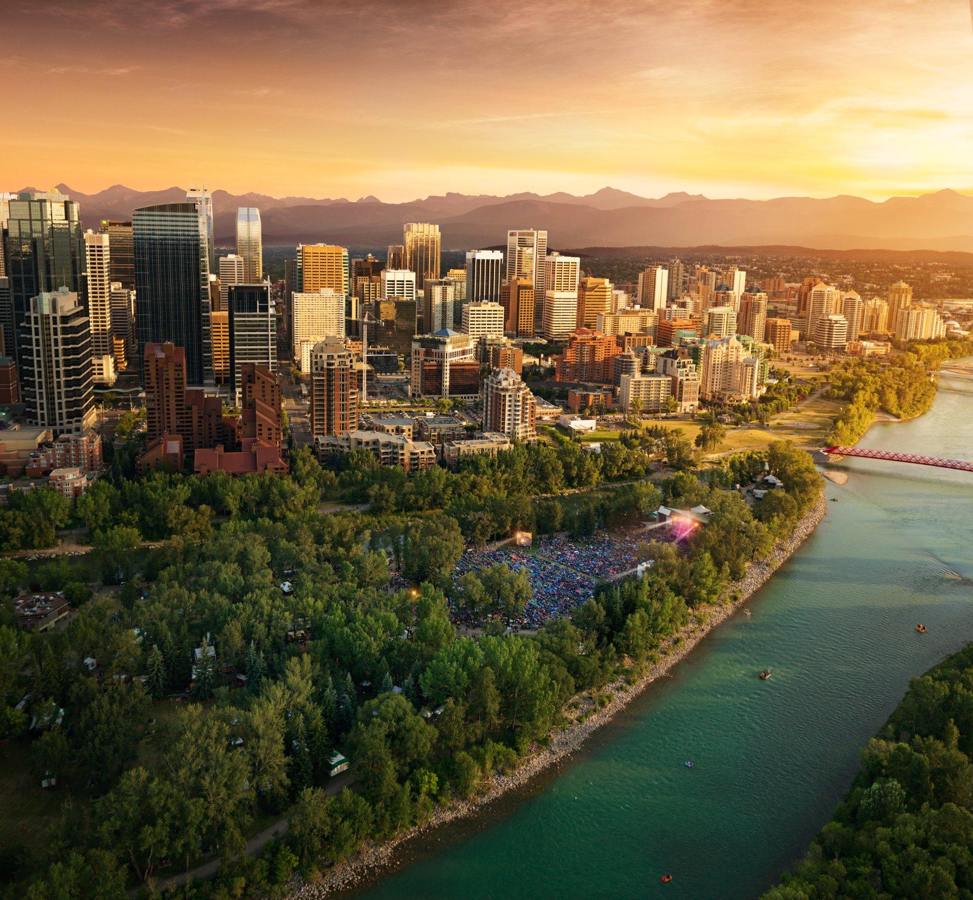 aerial view of the folk fest in calgary beside the bow river