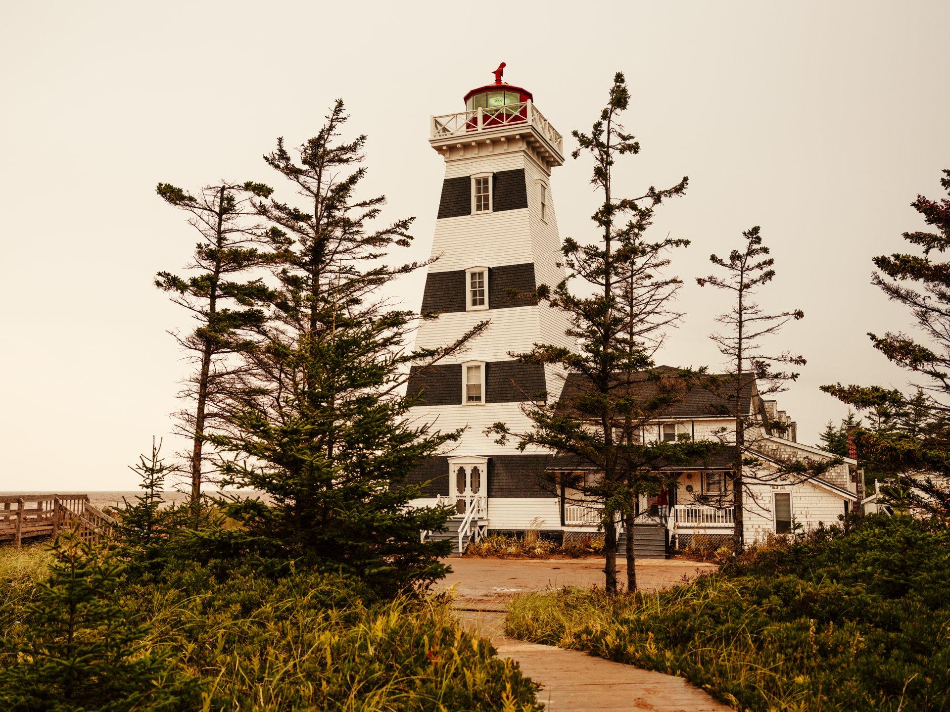 the westpoint lighthouse with tress around it 