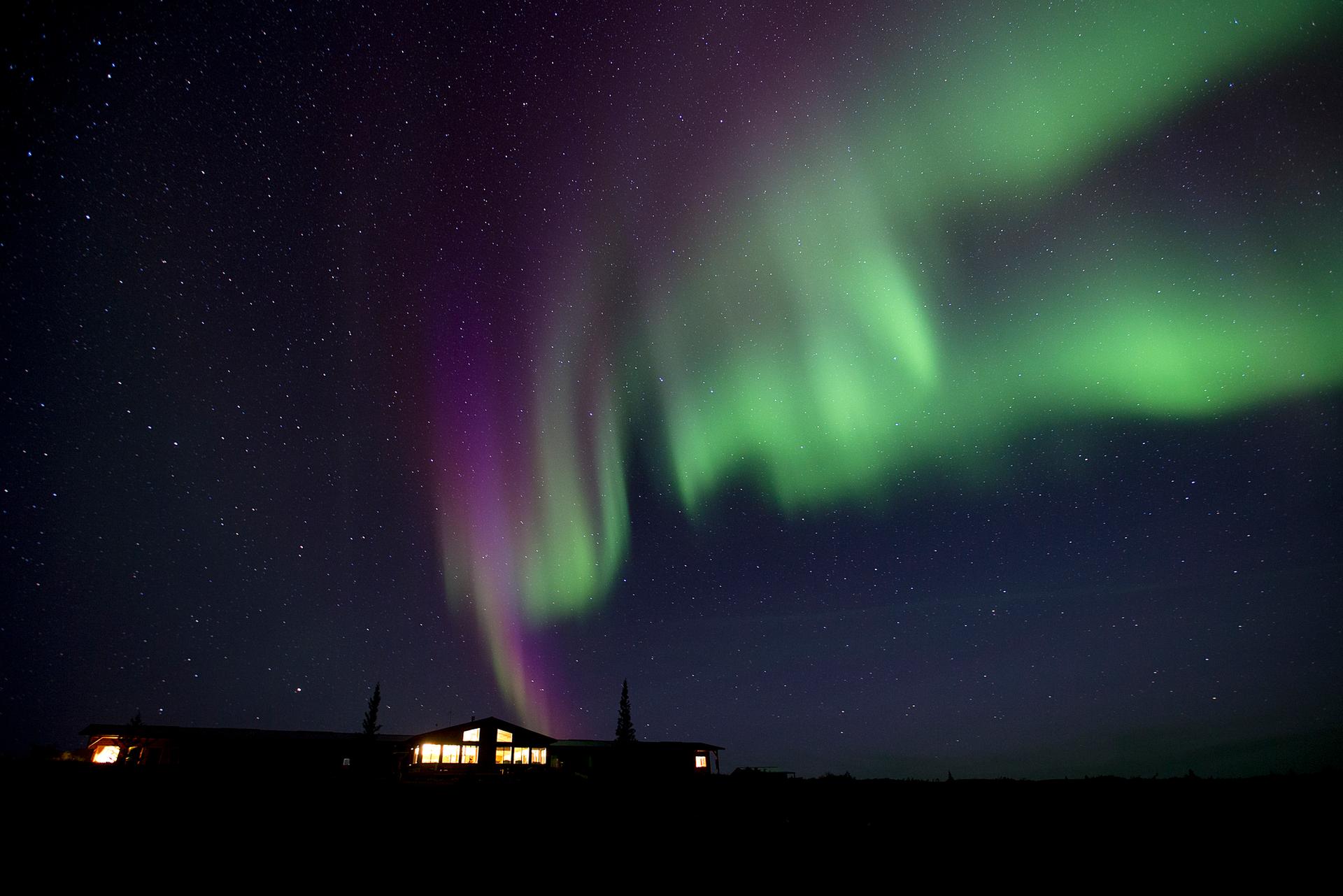 Aurores boréales au-dessus de l’Arctic Haven Wilderness Lodge (Nunavut)