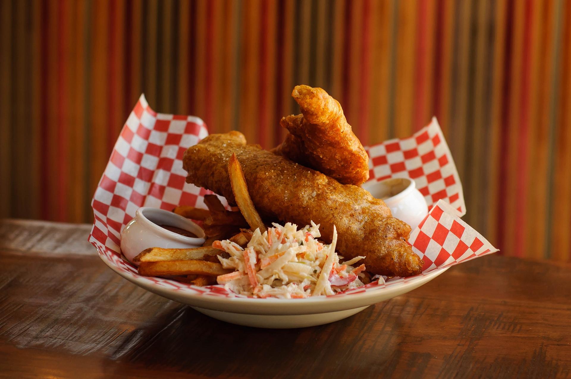 Red Beer Batter Fish & Chips with Bacon Tartar Sauce at Two Doors Down