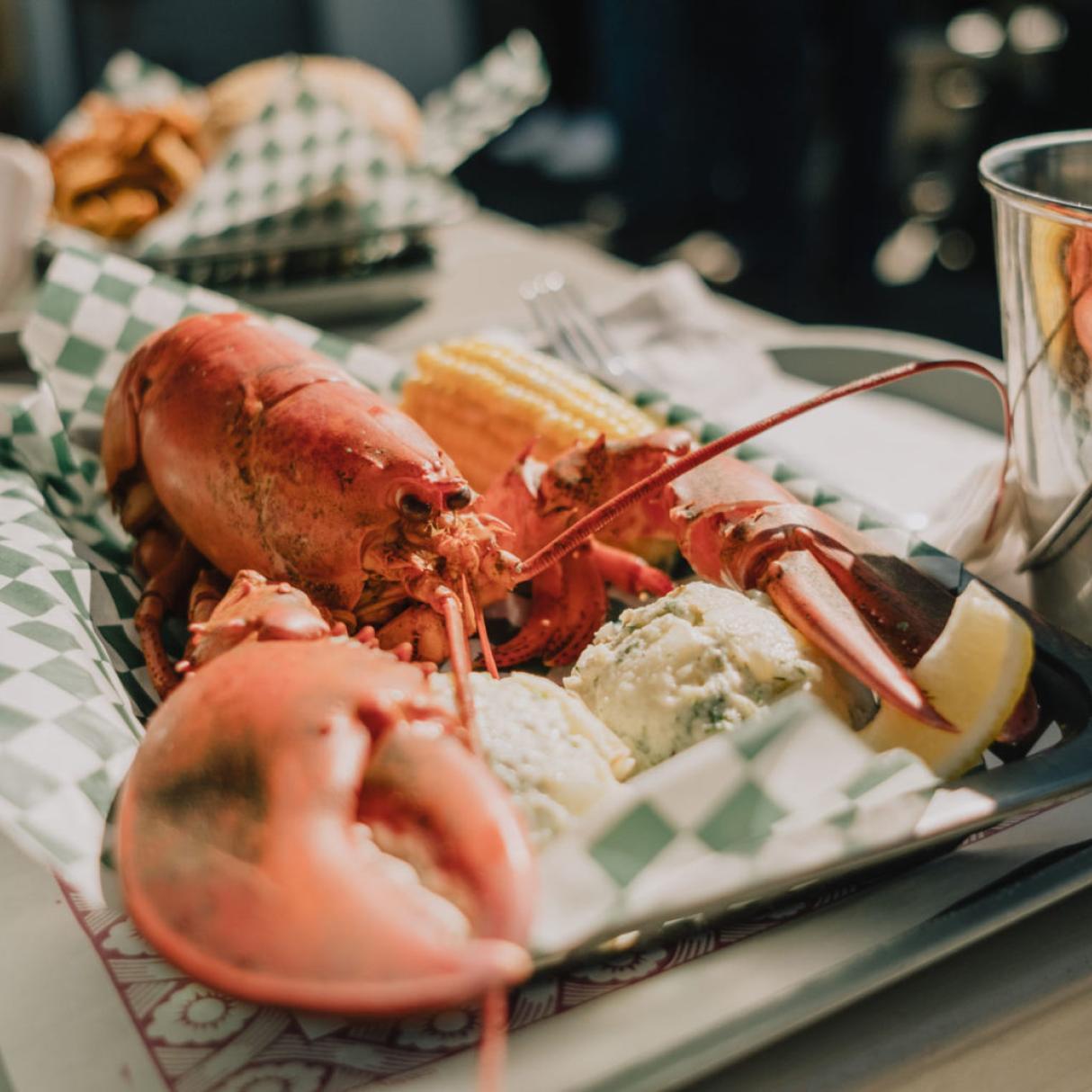 A lobster dinner is served