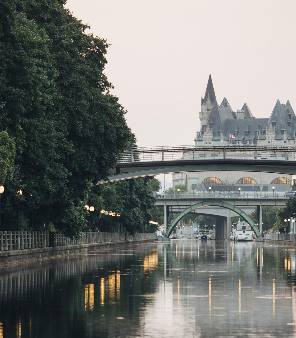 A view of the Fairmont Chateau Laurier from the Rideau Canal in Ottawa